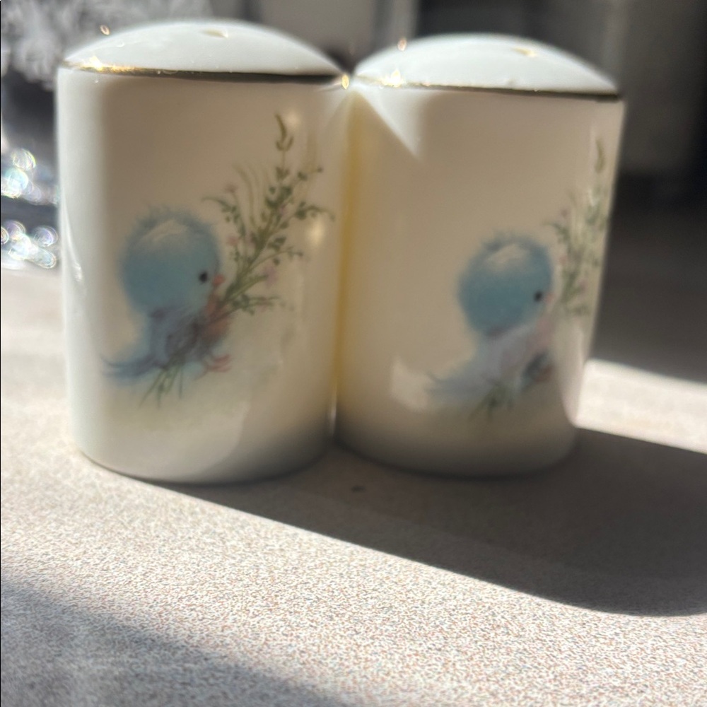 Porcelain Blue Bird Salt & Pepper Shakers - White with Gold Trim